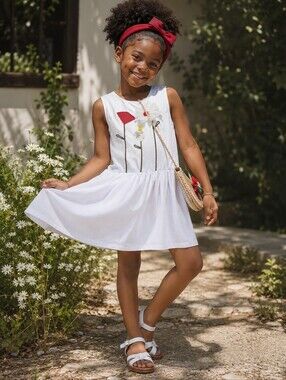 EPK Girls White Floral Appliqué Drop Waist Dress Cotton Party Dress Size 10